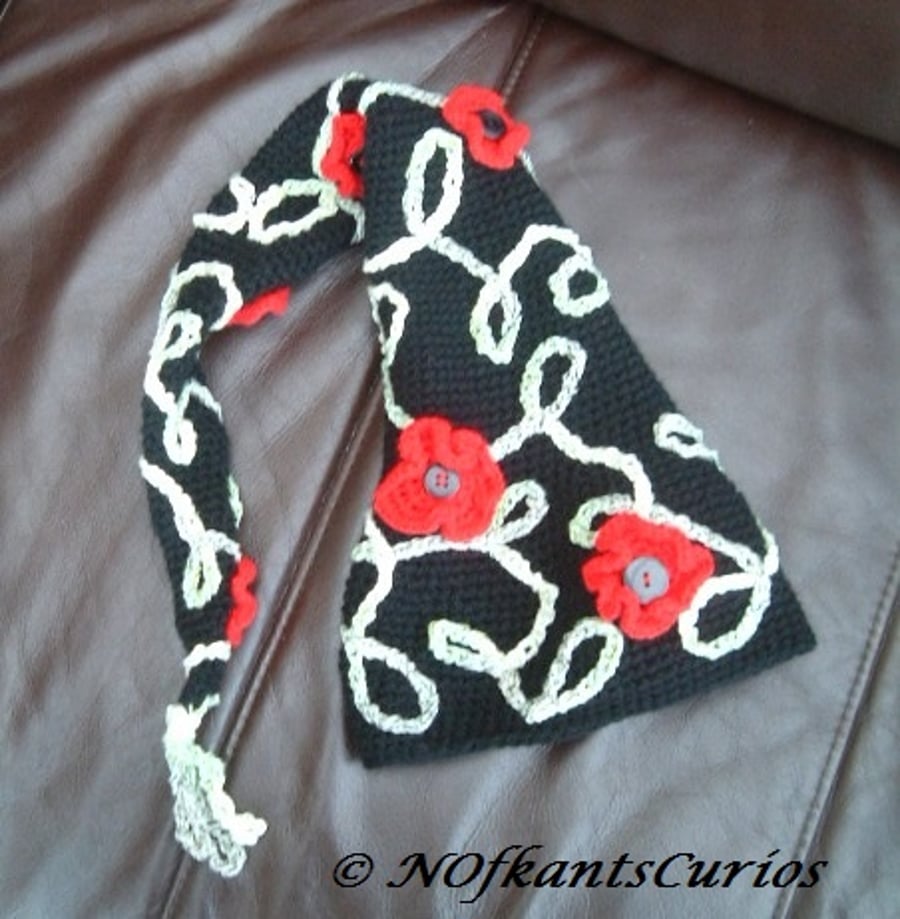 Poppy Trellis Elf!  Child's Crocheted Long Length Hat Scarf with Floral Detail