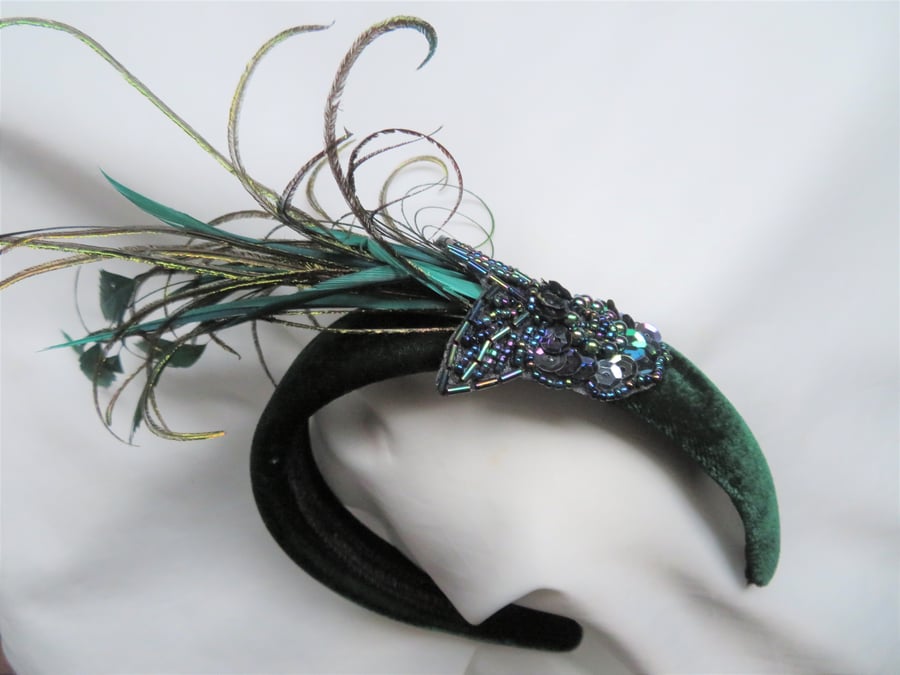 Bottle Green Padded Velvet Headband With Feathers and Sequins