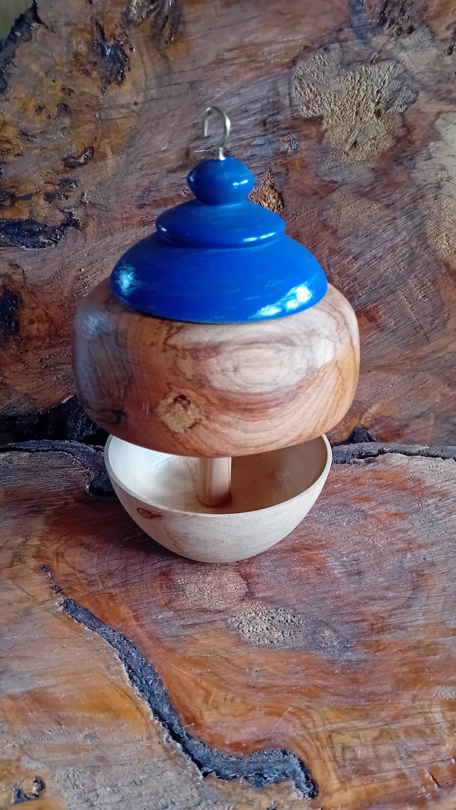 Handturned Bird feeder with blue top. 