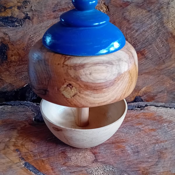 Handturned Bird feeder with blue top. 