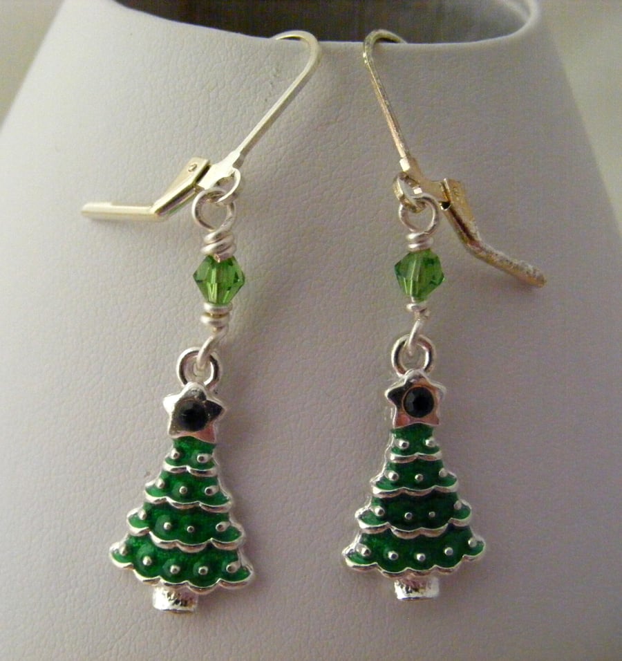 Green Enamel Christmas Tree Earrings