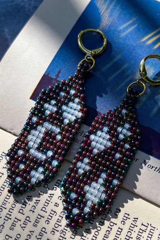 Handwoven Moon and Star Earrings – Black Alabaster with Opal Beads