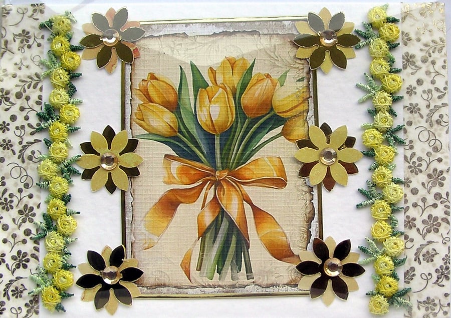 Tulip Spring Flower - Hand Crafted Decoupage Greeting Card - Blank 3007