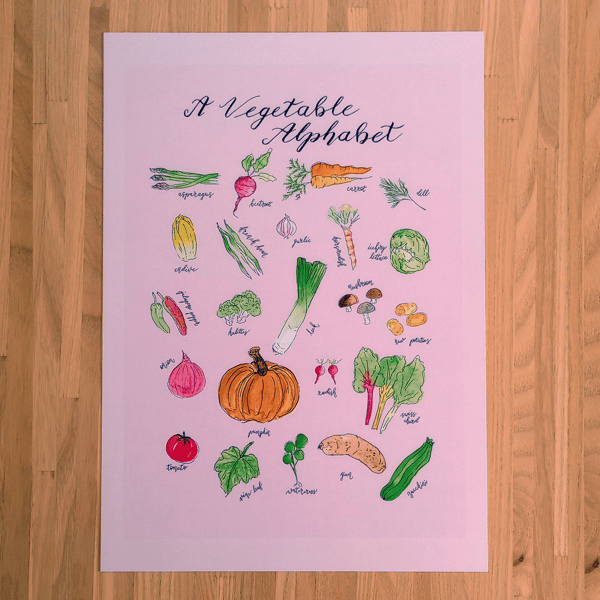 An Illustrated Vegetable Alphabet - Eco Wall Art (A4) - Watercolour and Pen