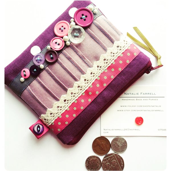 Vintage Button Coin Purse with Polka Dots, Ribbon and Lace