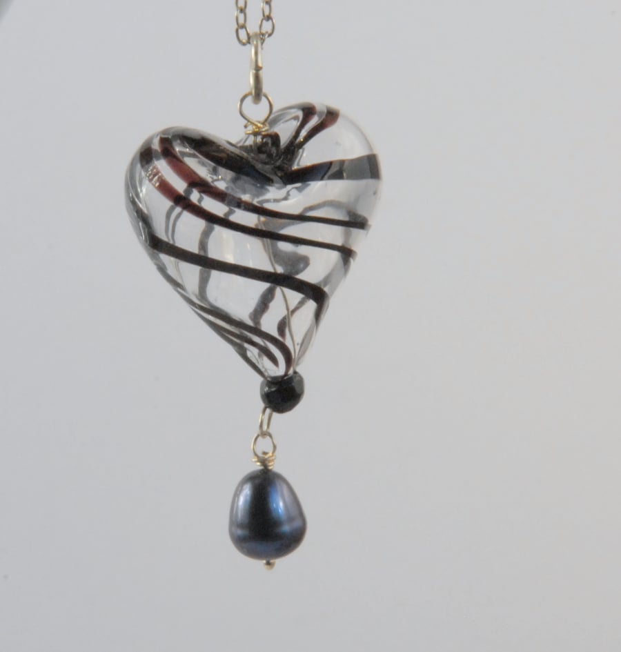 Black and clear blown glass heart with black pearl silver necklace (valentines)