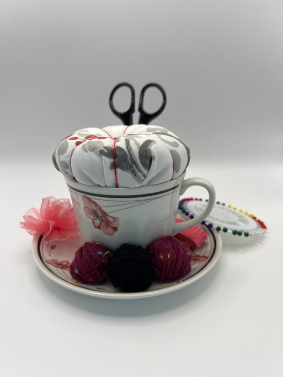 Vintage Teacup Pin Cushion and Sewing Set  (1)