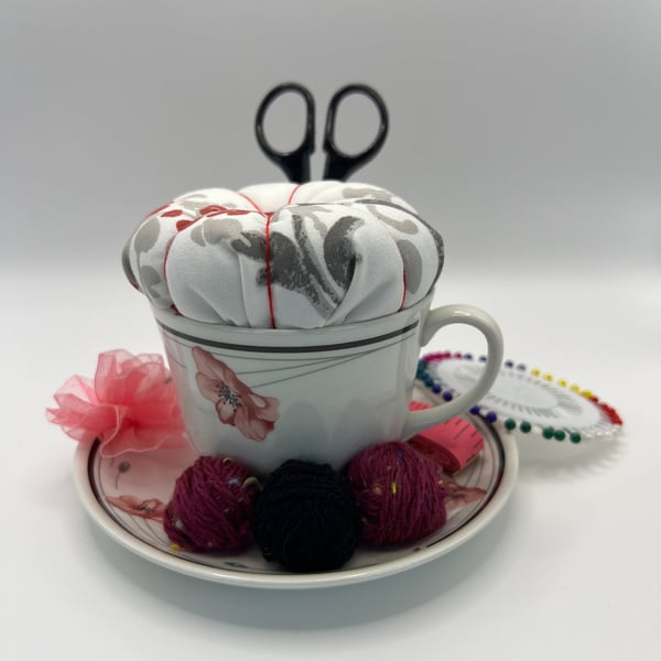 Vintage Teacup Pin Cushion and Sewing Set  (1)