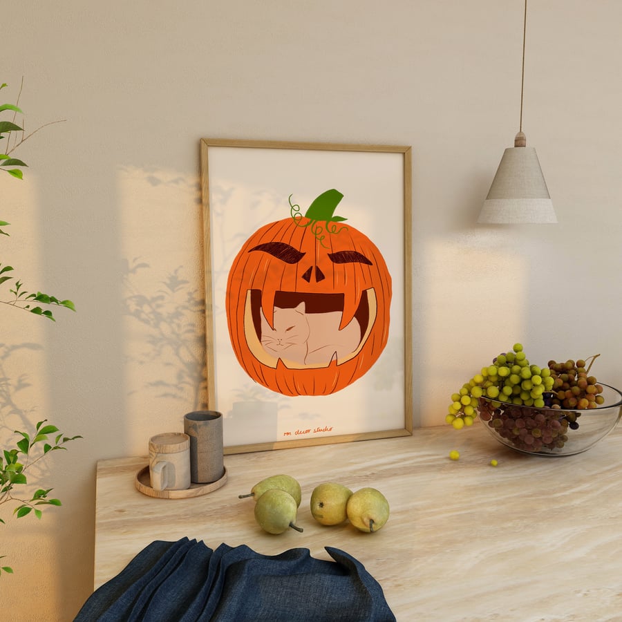 Cat in Pumpkin Print Poster, Halloween Vintage Print