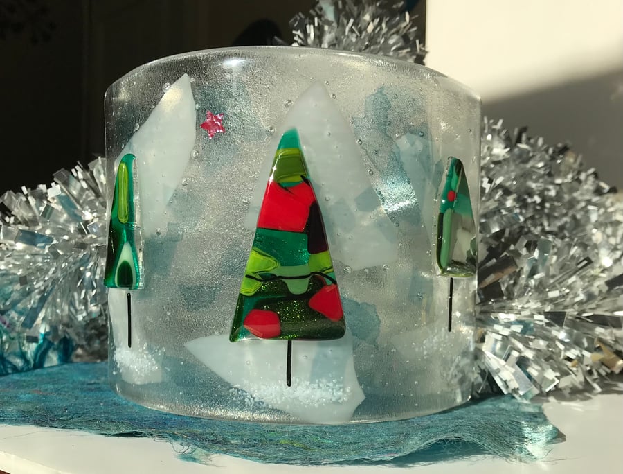 Winter tree fused glass candle bend, Christmas