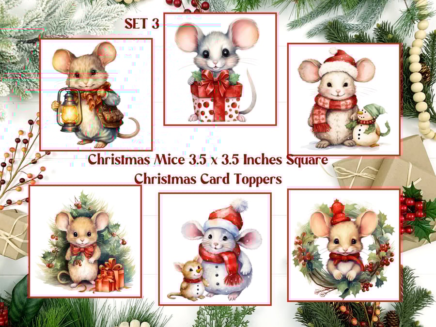 Christmas Mice Square Card Toppers for Card Making, Tags etc.