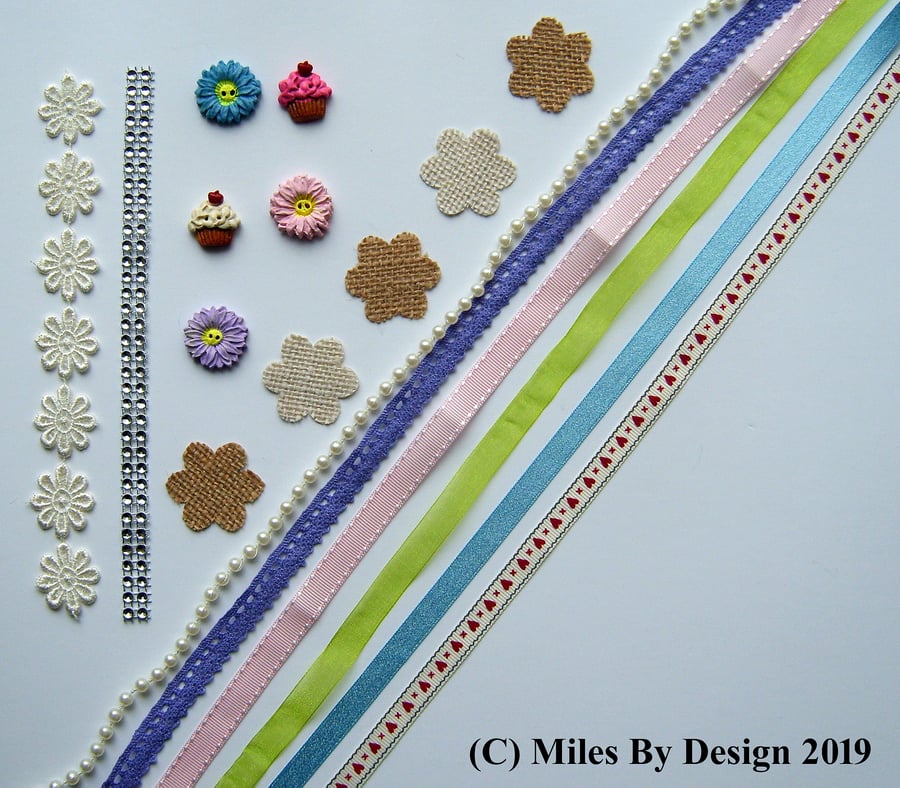 Cardmaking - Scrapbooking Pack Including Handmade Buttons and Embellishments