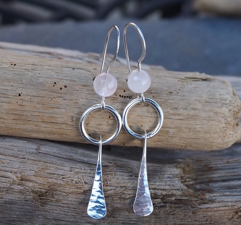 Forged Silver Dangle Hoop Earrings with Facetted Rose Quartz Beads
