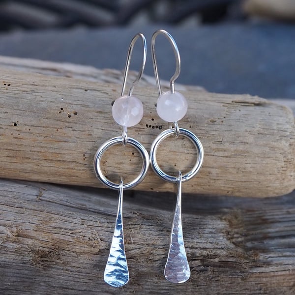 Forged Silver Dangle Hoop Earrings with Facetted Rose Quartz Beads