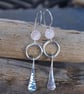 Forged Silver Dangle Hoop Earrings with Facetted Rose Quartz Beads