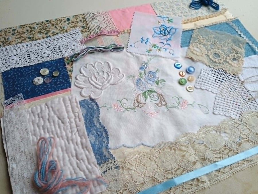 Vintage Florals - Large Slow Stitching kit - pastel vintage textiles