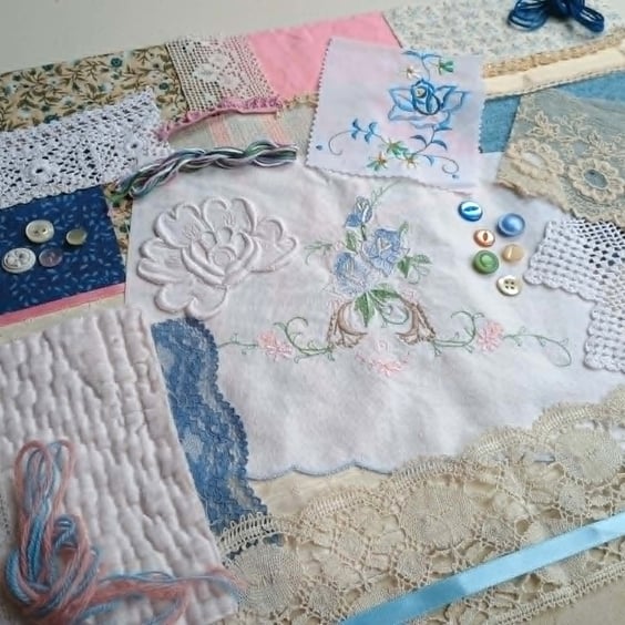 Vintage Florals - Large Slow Stitching kit - pastel vintage textiles