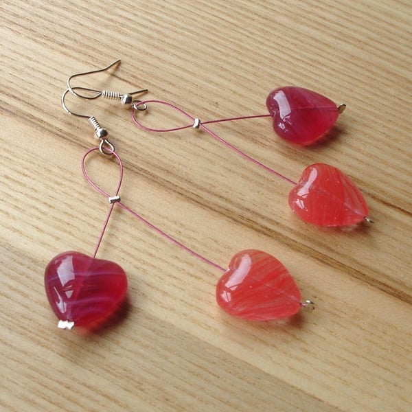 Cherry Drop Style Pink Glass Heart Bead Earrings