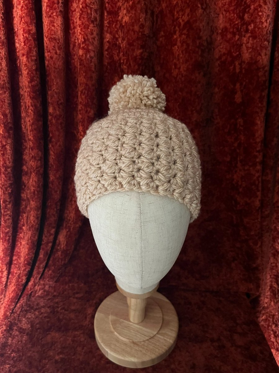 A Fawn, Beige, Wheat Coloured Cosy Crocheted Beanie Hat with detachable Pom-Pom