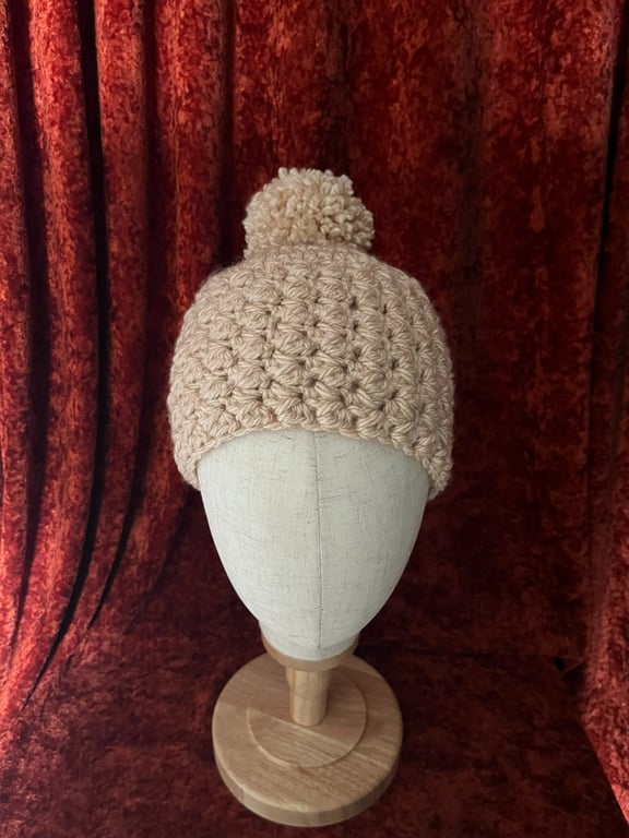 A Fawn, Beige, Wheat Coloured Cosy Crocheted Beanie Hat with detachable Pom-Pom