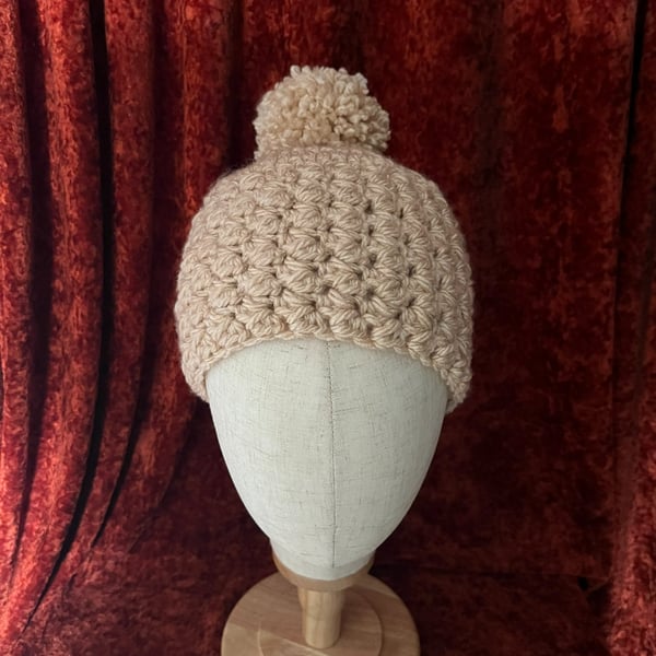 A Fawn, Beige, Wheat Coloured Cosy Crocheted Beanie Hat with detachable Pom-Pom