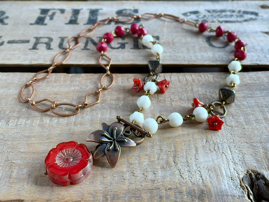 Copper, Cream & Red Beaded Necklace. Bohemian Style Czech Glass Necklace