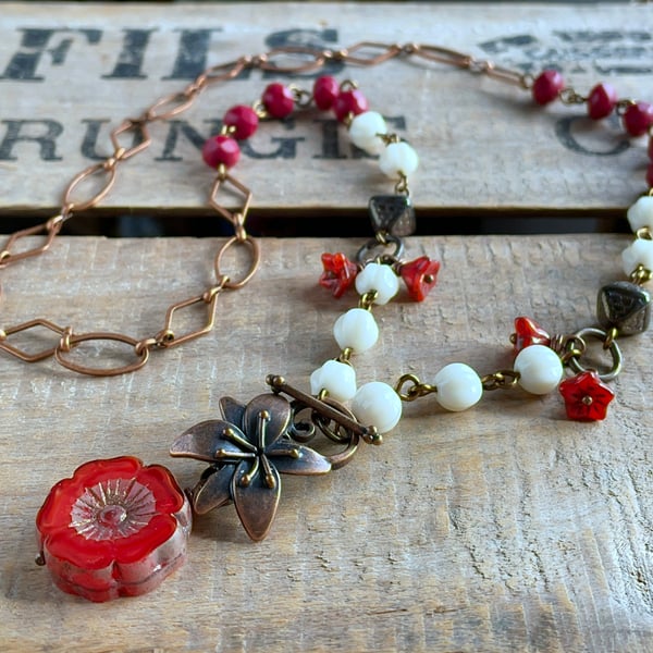 Copper, Cream & Red Beaded Necklace. Bohemian Style Czech Glass Necklace