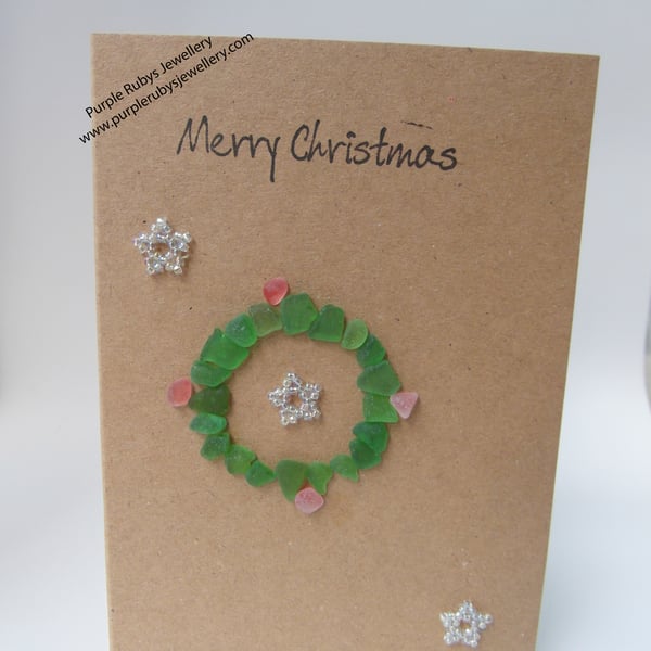 Sea Glass Christmas Wreath with Silver Stars Christmas Card C165