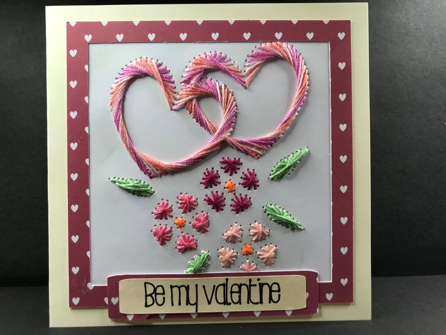 Hand Stitched Hearts and Flowers Valentine's Card