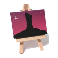 Castle Hill at Dusk Miniature Painting - original Huddersfield landscape art