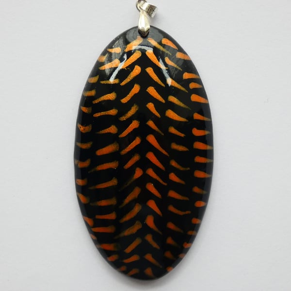 One of a kind Oval Wooden Orange and Black Boho Pendant Necklace