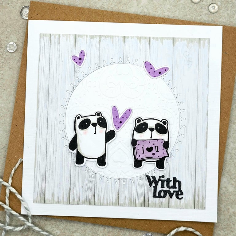 Panda Card - anniversary, birthday, 3d, textured, pandas, hearts, with love