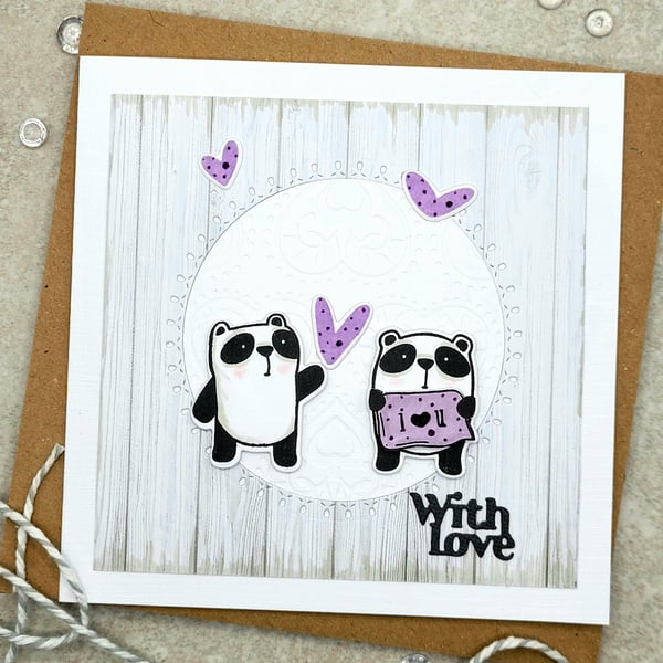 Panda Valentine Card - 3d, textured, pandas, hearts, with love