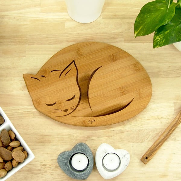 Cat Chopping Board: Oak or Bamboo Cat Lover Kitchen Gift, UK Hand Made