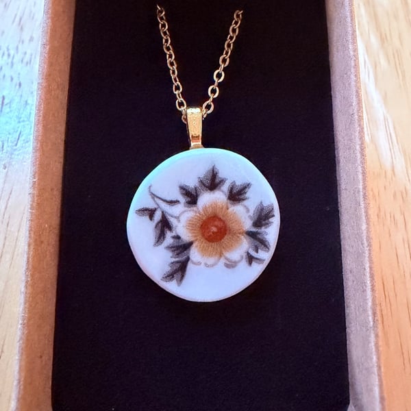 Upcycled bone china necklace orange flowers