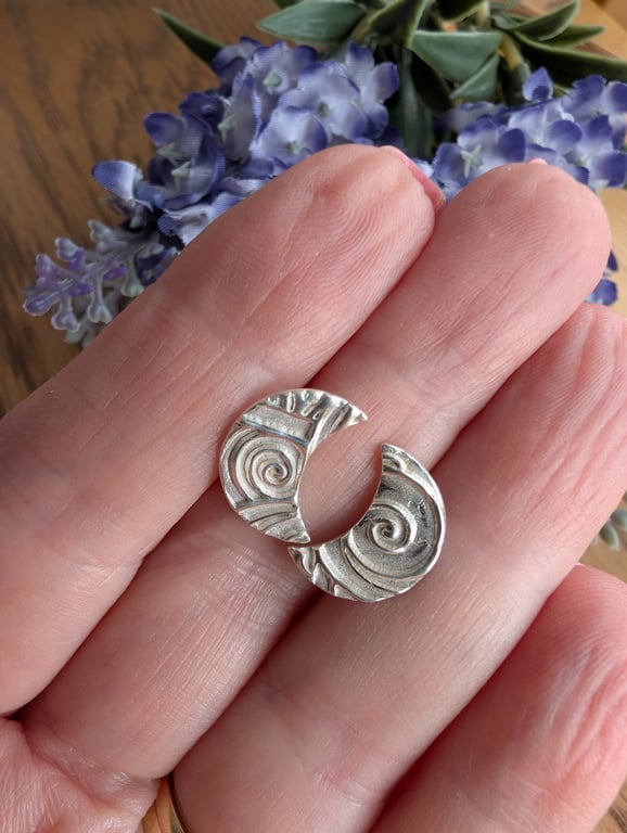 Handmade Fine Silver Moon Stud Earrings Eye of the Storm Design