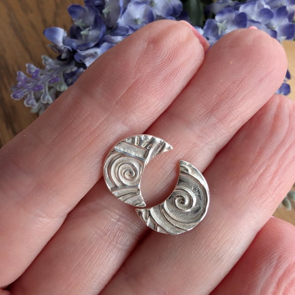 Handmade Fine Silver Moon Stud Earrings Eye of the Storm Design