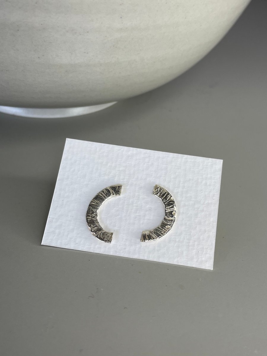 Sterling silver half circle hammered bark texture post earrings