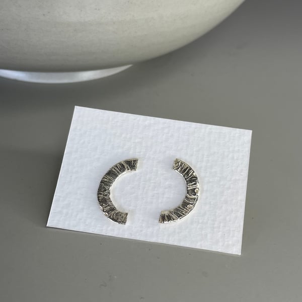 Sterling silver half circle hammered bark texture post earrings