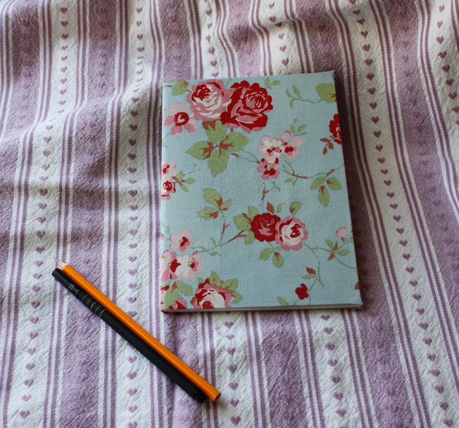 Fabric covered notebook or sketch pad - blue with pink and red flowers