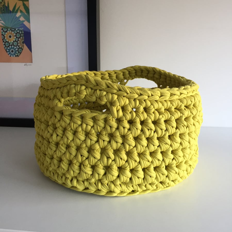 Crochet basket made with upcycled tshirt yarn - mossy yellow
