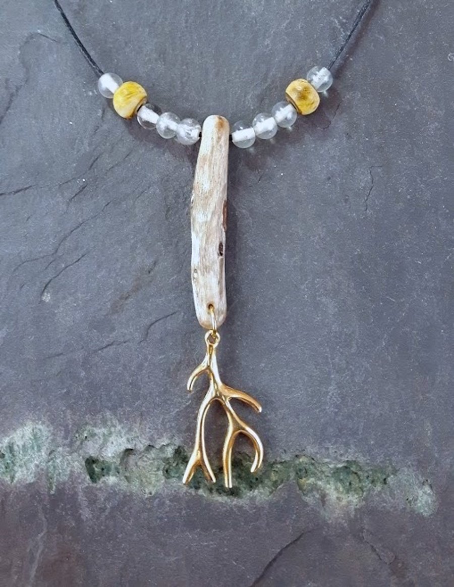 Birch driftwood antler gold plate brass pendant.
