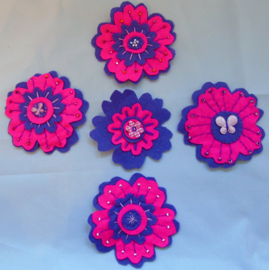Seconds Sunday -  Felt Flower Brooches  - Pink and Purple