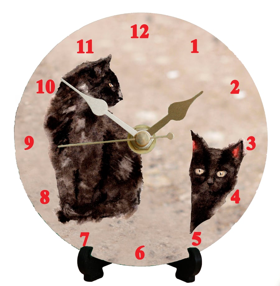 12cm DIY clock kit Black Cat illustration - Wall or desk clock for cat lovers