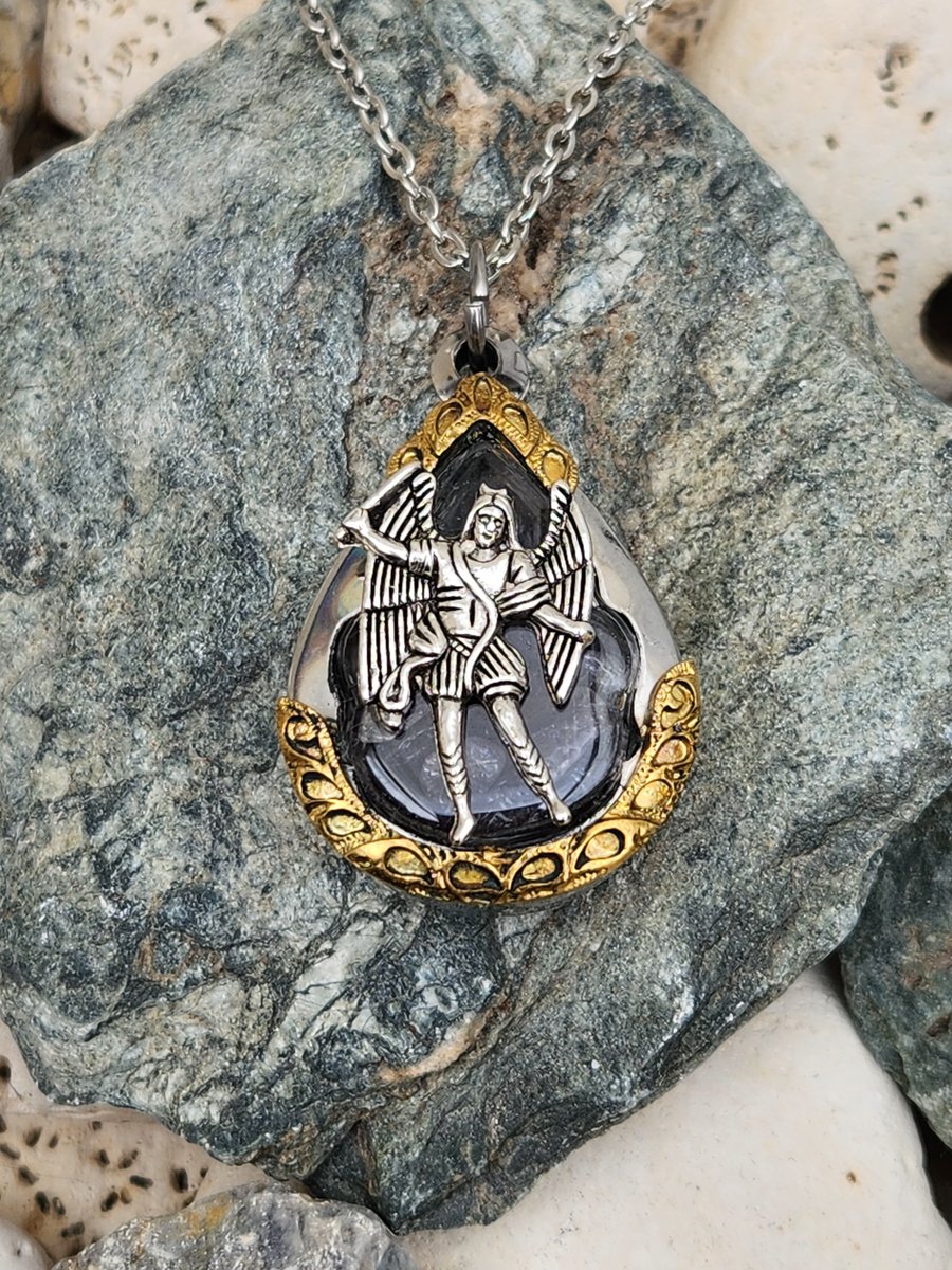 Archangel Saint Michael Amethyst crystal stainless steel pendant angel necklace 