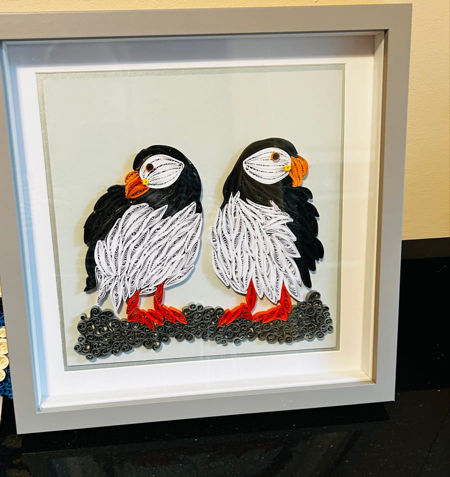 Northumberland inspired quilled  Puffins,frame with two cute baby puffins 