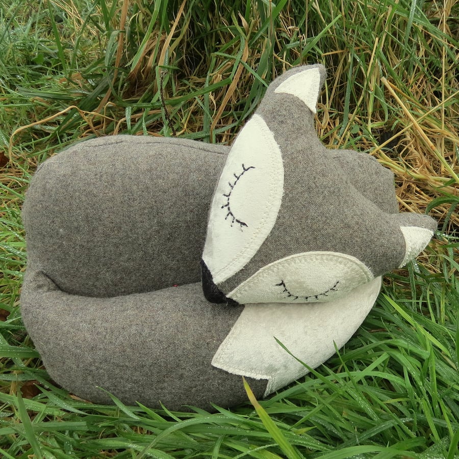 Grey Fox doorstop.  A fox doorstop made from wool and velvet.