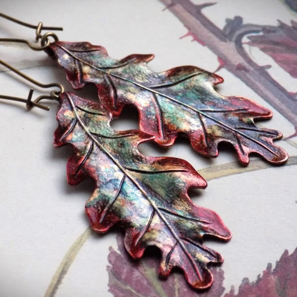 Green Red Gold Autumn Oak Leaf Earrings, Fall Leaf Earrings