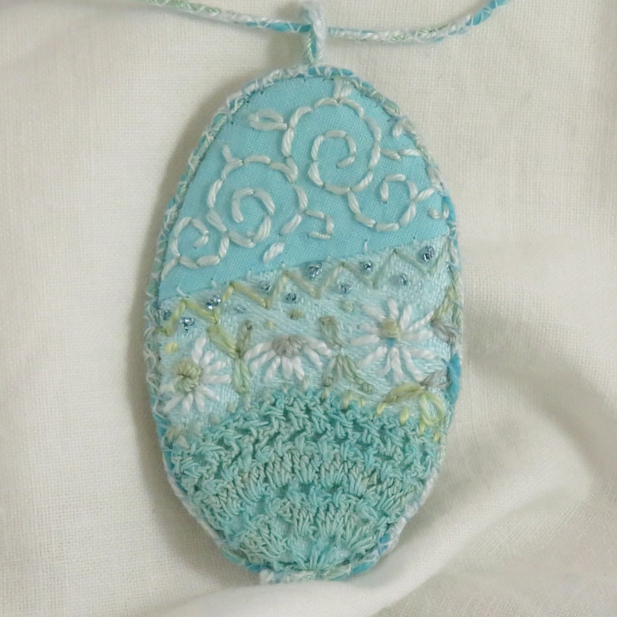 SALE Turquoise Textile Embroidered Pendant from hand dyed vintage linen and lace