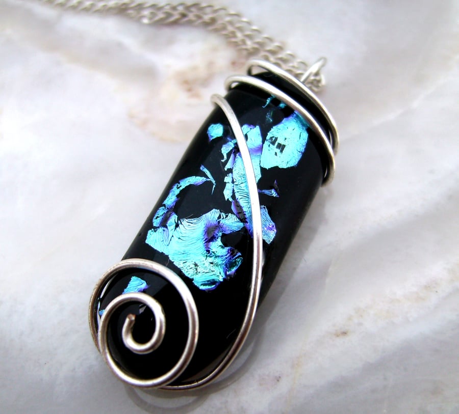 Dichroic Glass Wire Wrap Pendant Necklace - Blue Haze